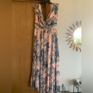 Mac Duggal - Floral Print Flutter Sleeve Chiffon Gown - Size 10 - Pink Multi